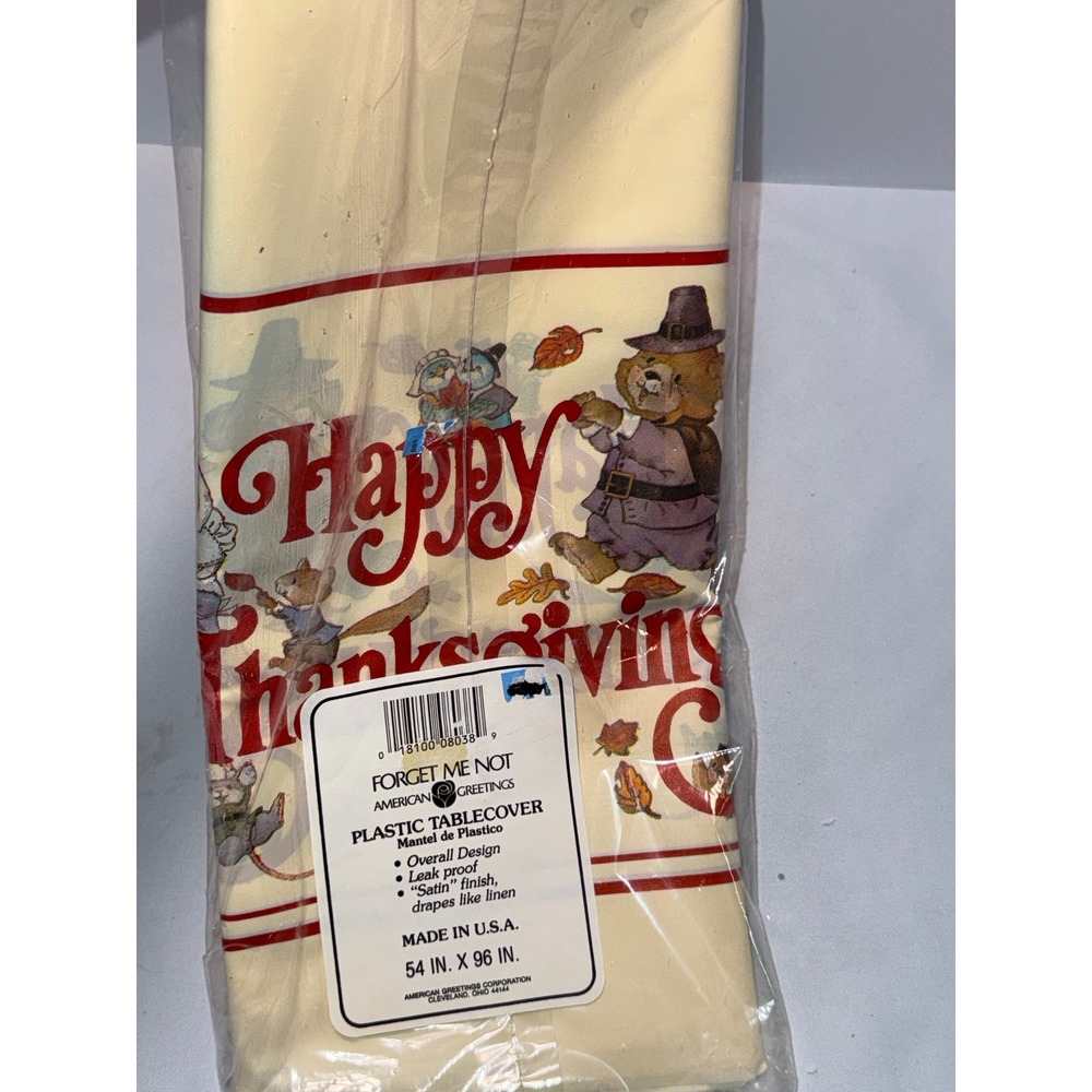 Vintage American Greetings Thanksgiving Plastic Tablecloth Forget Me Not 54x96